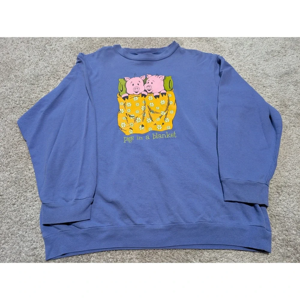 Tea Party‎ Sweatshirt Women XL Blue Pigs in a Blanket Vintage 1998 Graphic Retro